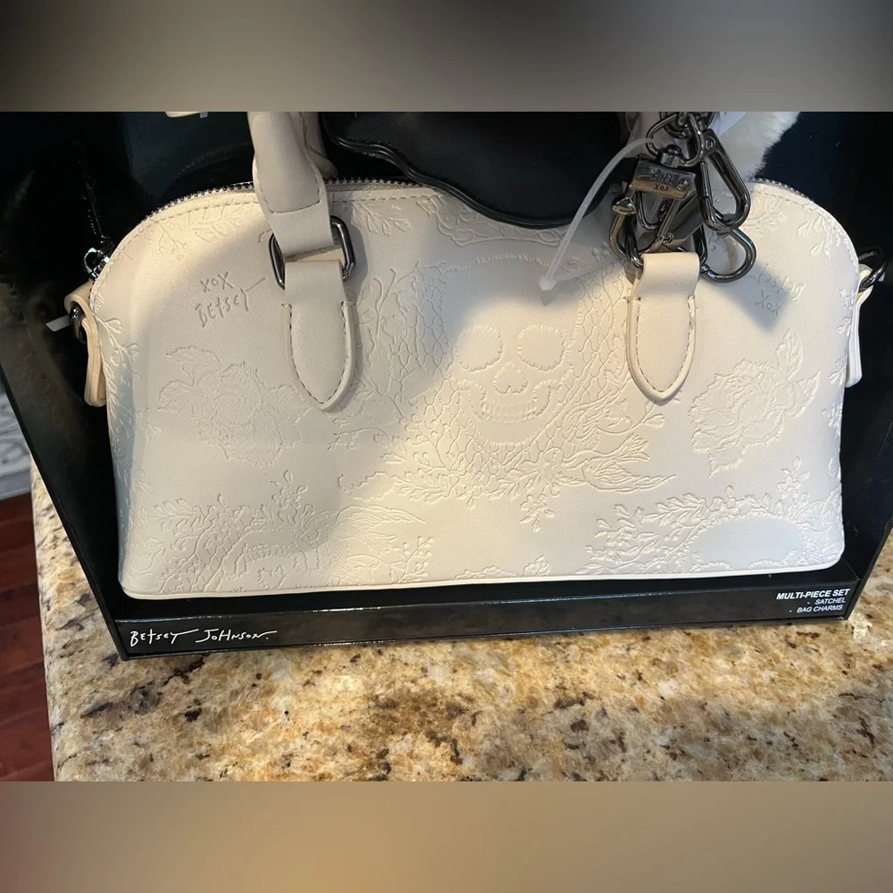 Betsey Johnson Cream Satchel with Heart and Skull Charm Set